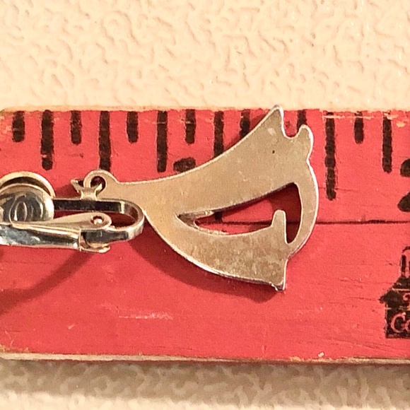 VTG 70s Blue Paua Abalone Shell Inlay Stylized Sailboats Dangle Clip On Earrings - Picture 6 of 7